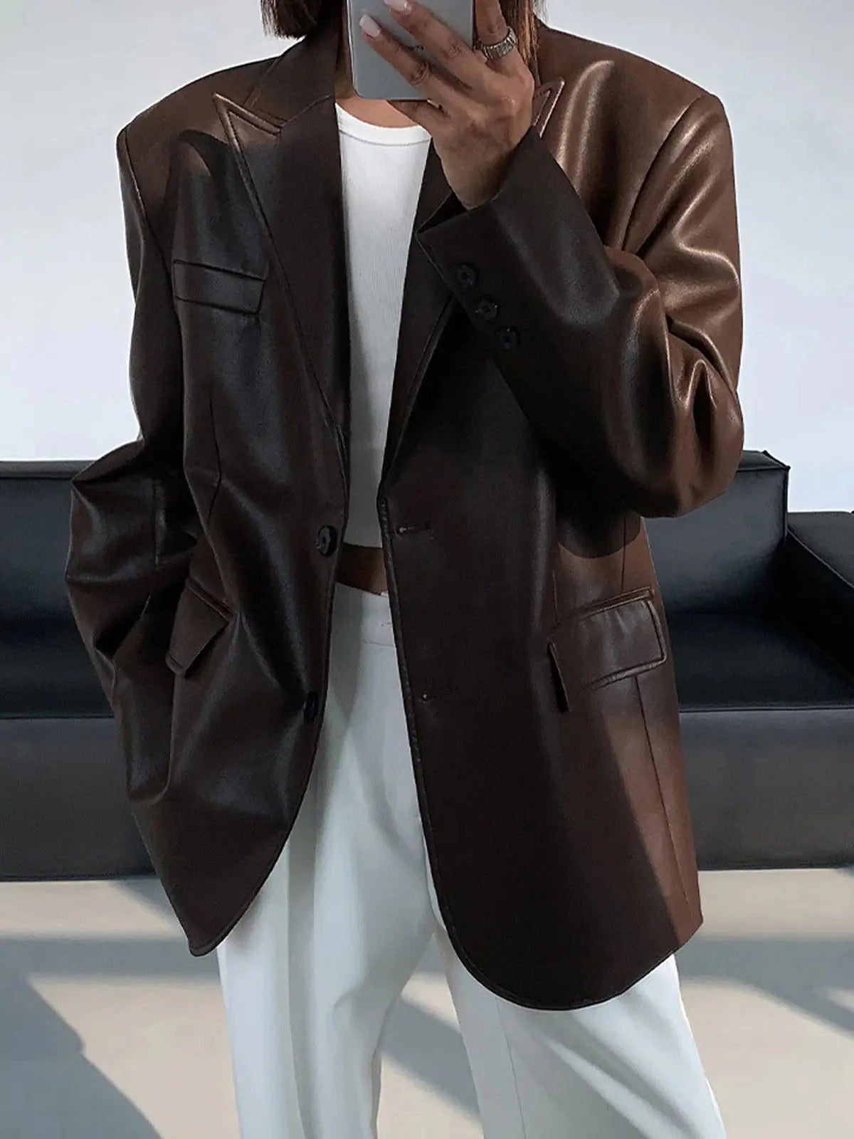 Faux Leather Oversized Blazer for Women