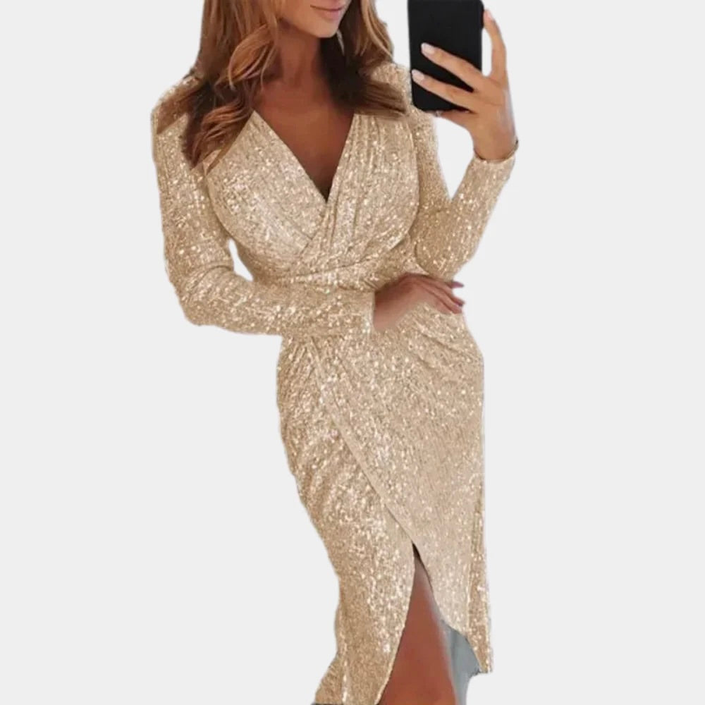 Sequin V-Neck Long Sleeve Ruched Wrap Midi Dress for Women