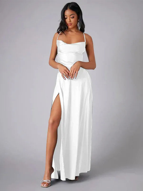 Satin Cowl Neck Backless Slit Maxi Dress for Women
