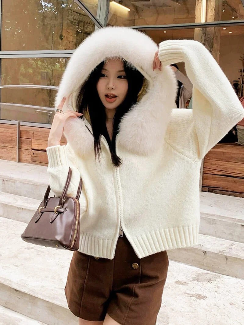 Knitted Zip Up Cardigan with Faux Fur Hood for Women
