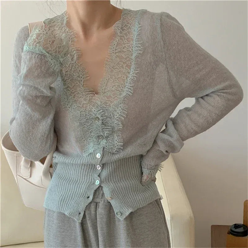 Lace Trim V-Neck Button-Up Cardigan for Women