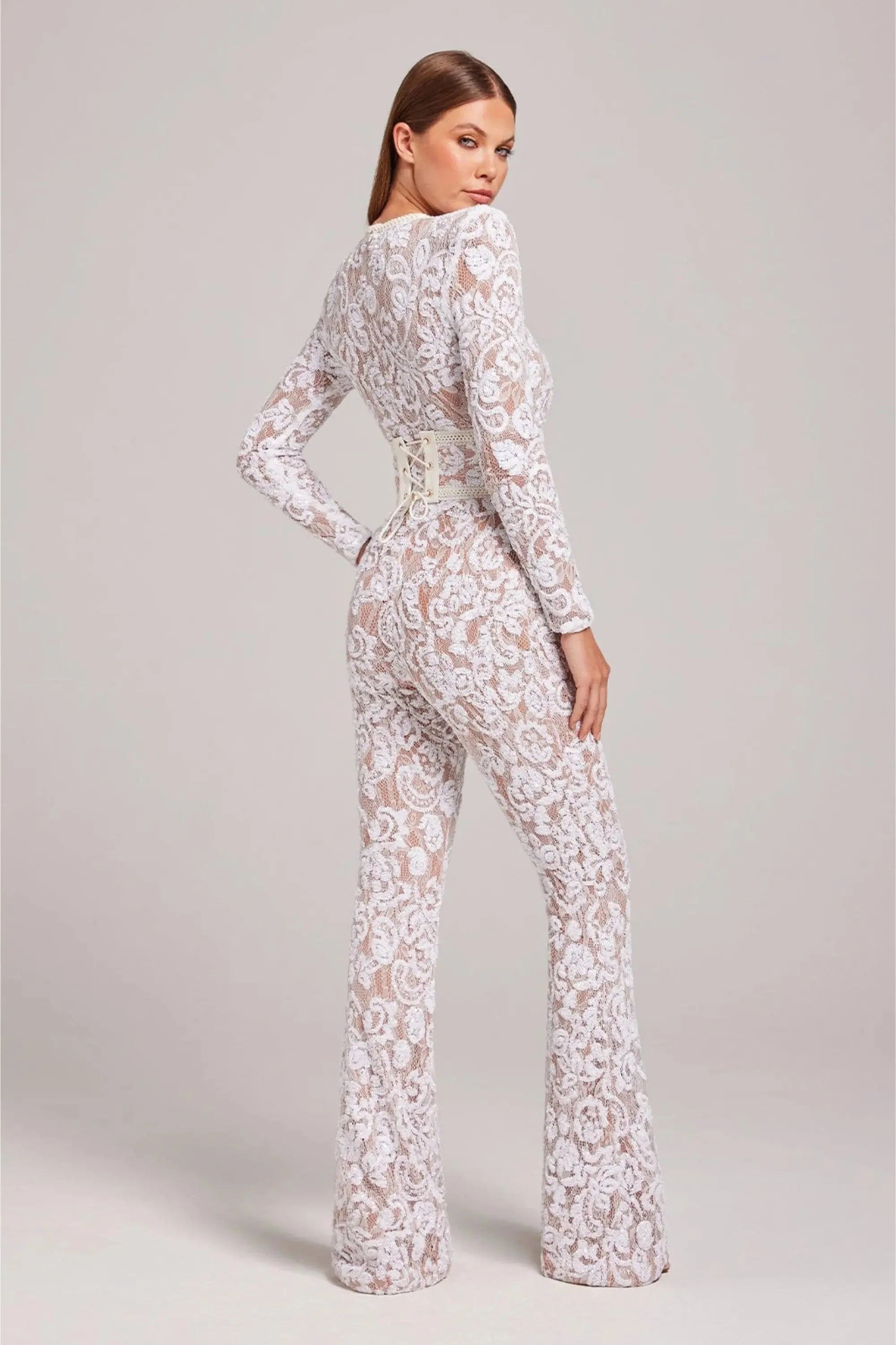 Sequin Lace Long Sleeve Round Neck Flared Jumpsuit for Women