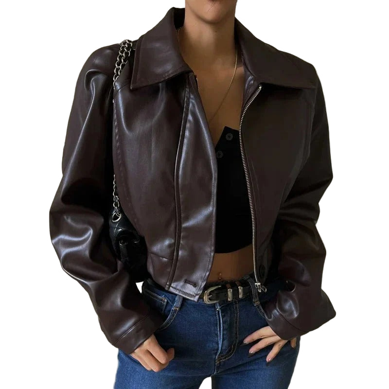 Cropped Faux Leather Jacket with Oversized Sleeves for Women