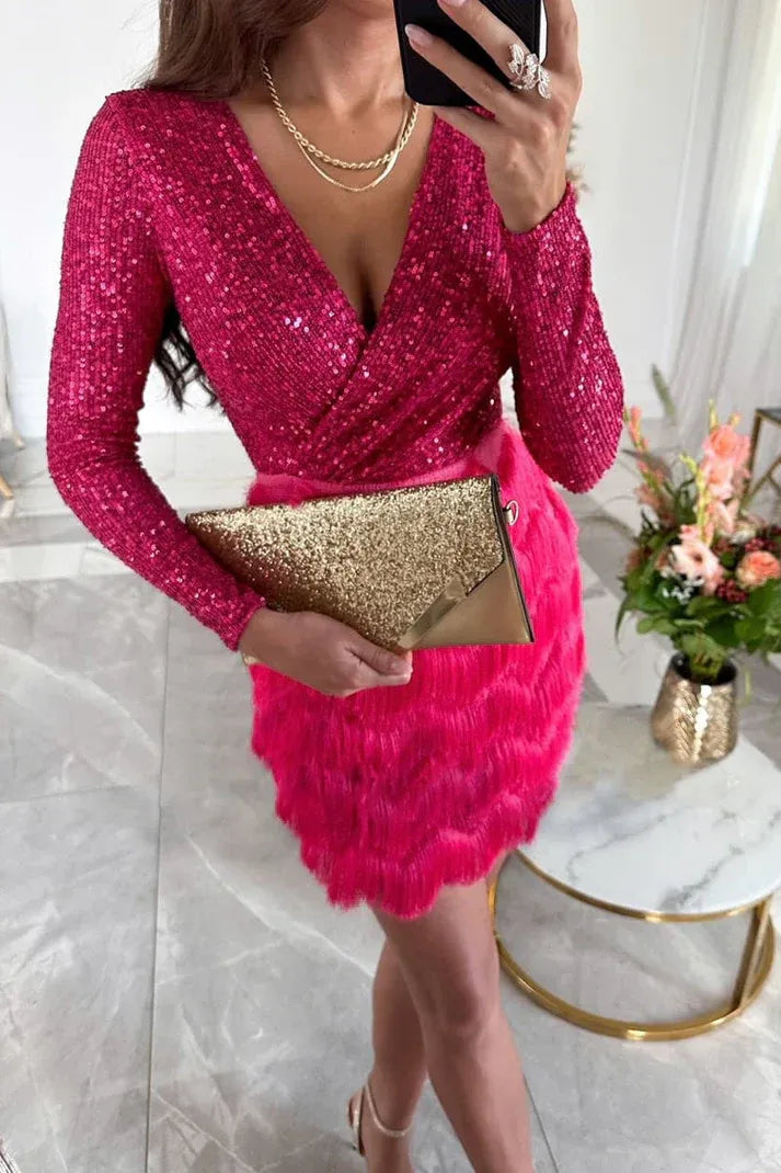 Sequin V Neck Fringed Party Dress for Women