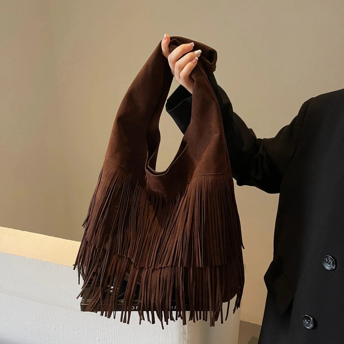 Faux Suede Fringe Shoulder Tote Bag for Women