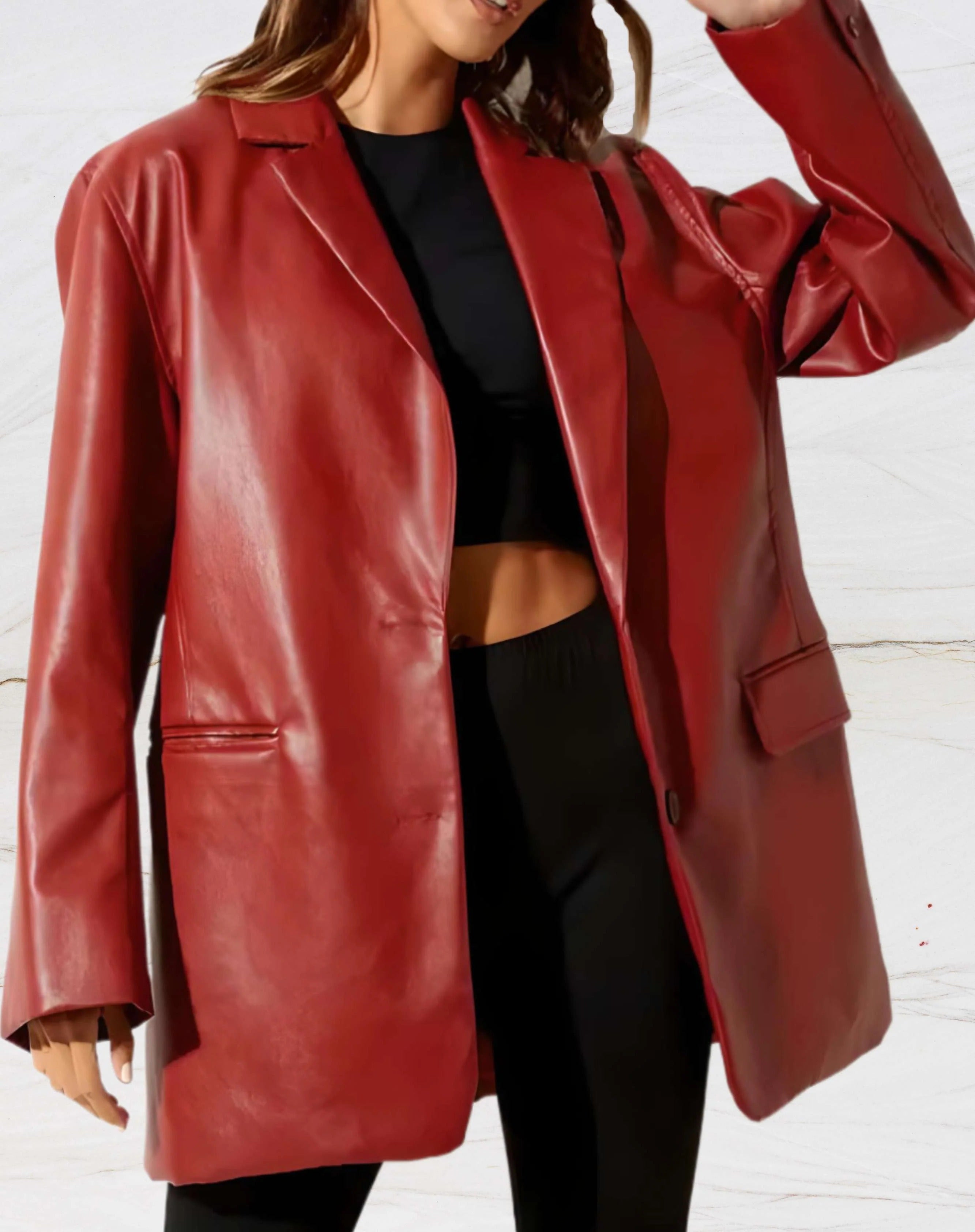 Faux Leather Longline Blazer with Pockets for Women