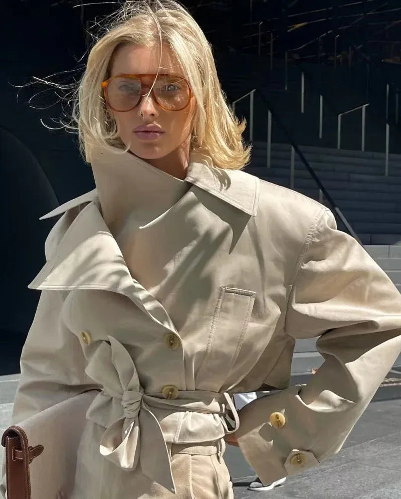 Double Breasted Short Trench Coat with Belt for Women