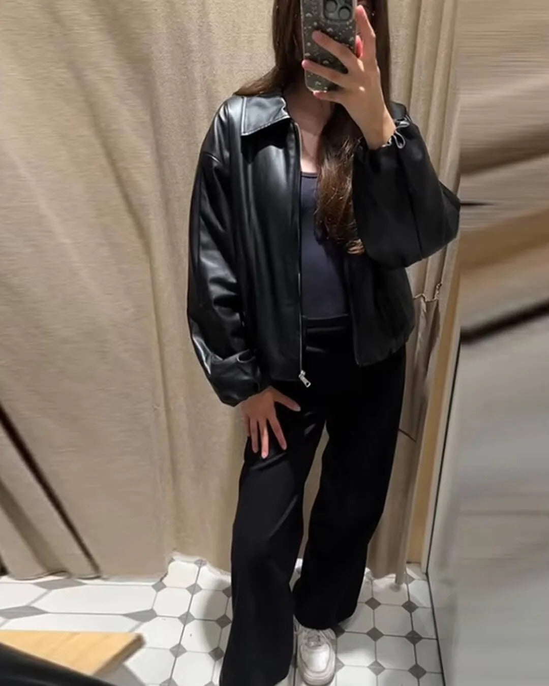 Oversized Short Leather Bomber Jacket for Women