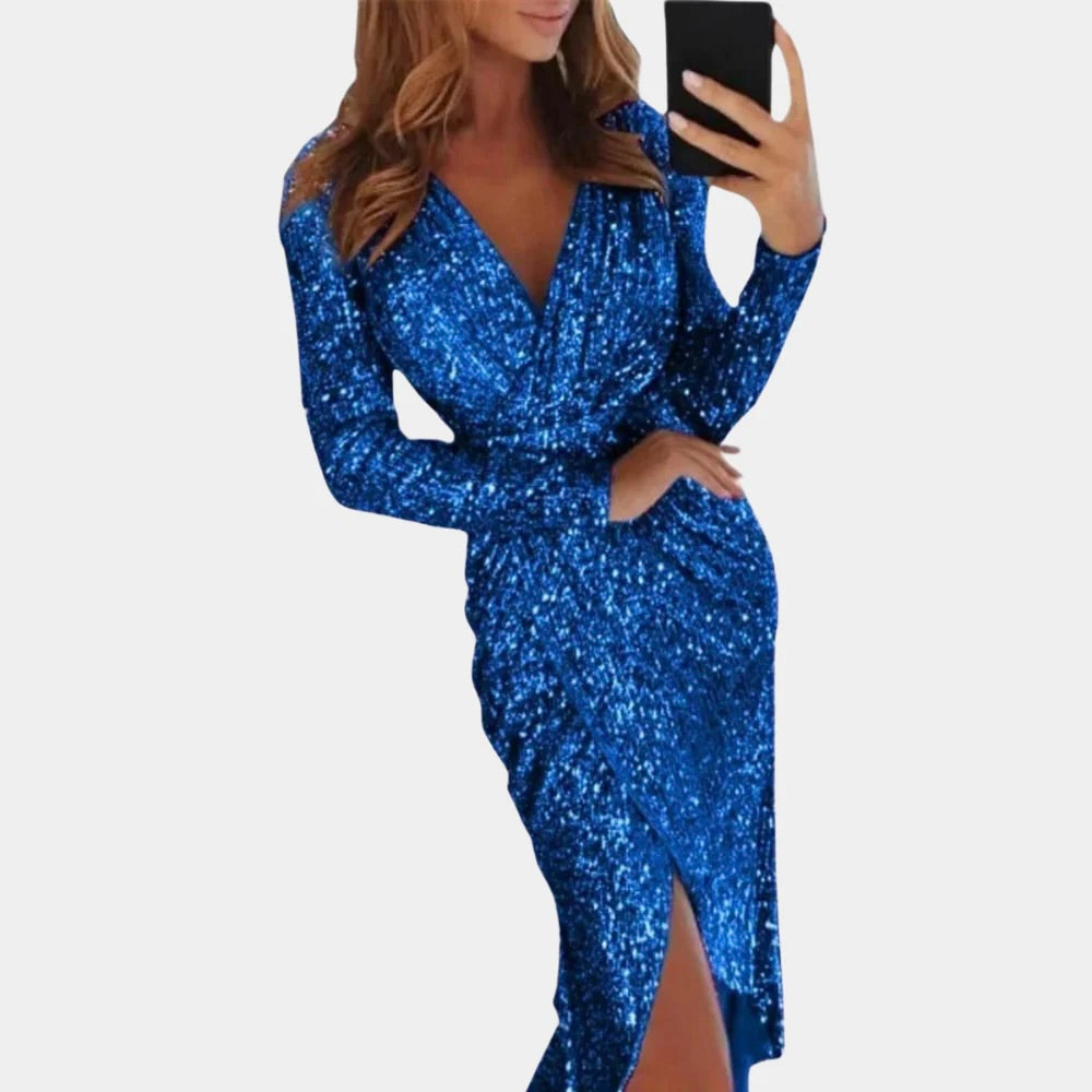 Sequin V-Neck Long Sleeve Ruched Wrap Midi Dress for Women