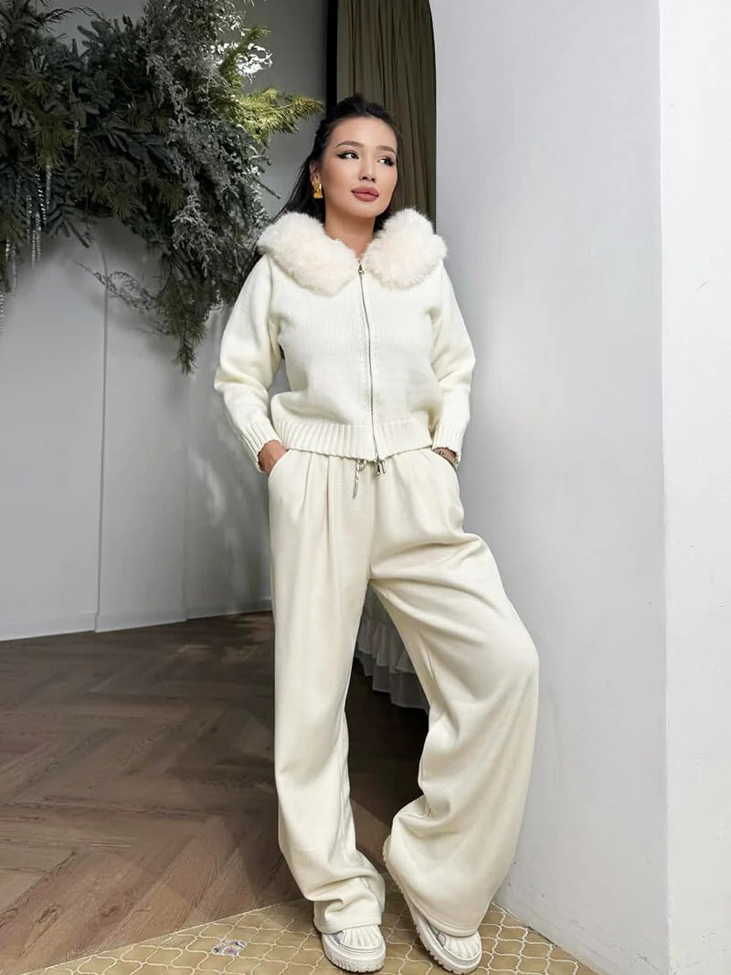 Knitted Zip Up Cardigan with Faux Fur Hood for Women