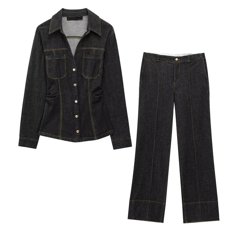 Denim Set with Button-Down Jacket and Pants for Women