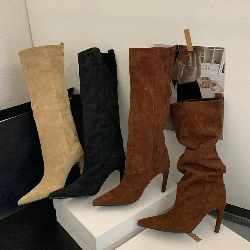 Suede Pointed Toe High Heel Slouch Boots for Women