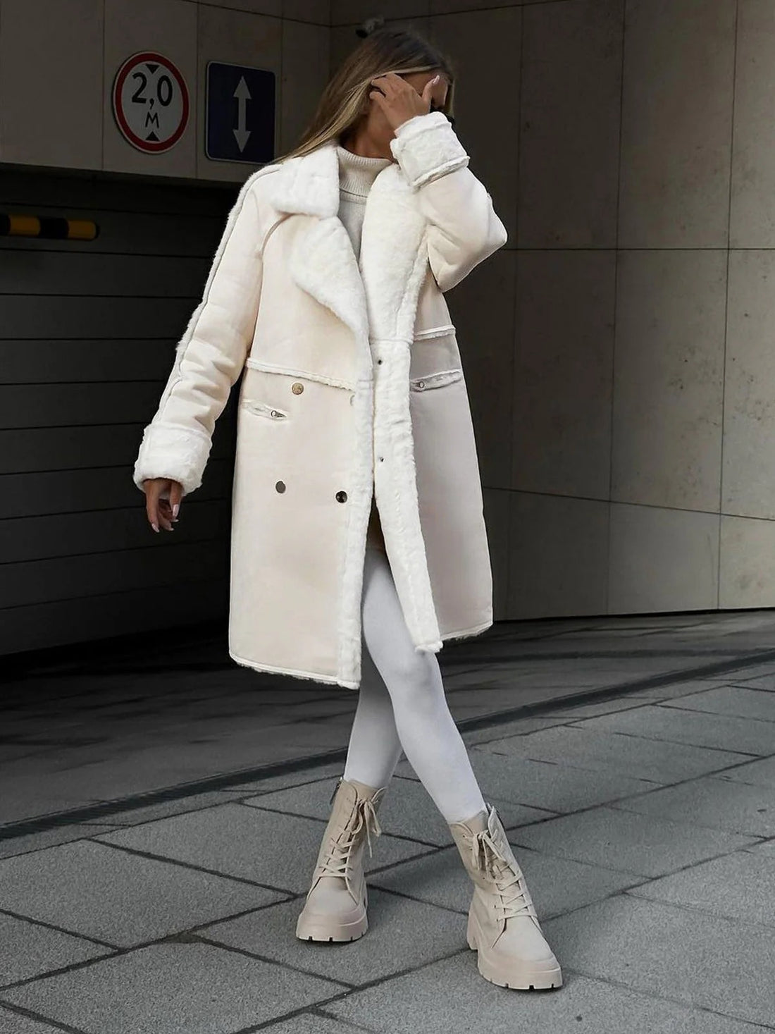 Suede and Shearling Lapel Long Winter Coat for Women