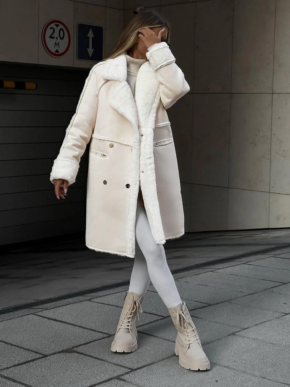 Suede and Shearling Lapel Long Winter Coat for Women