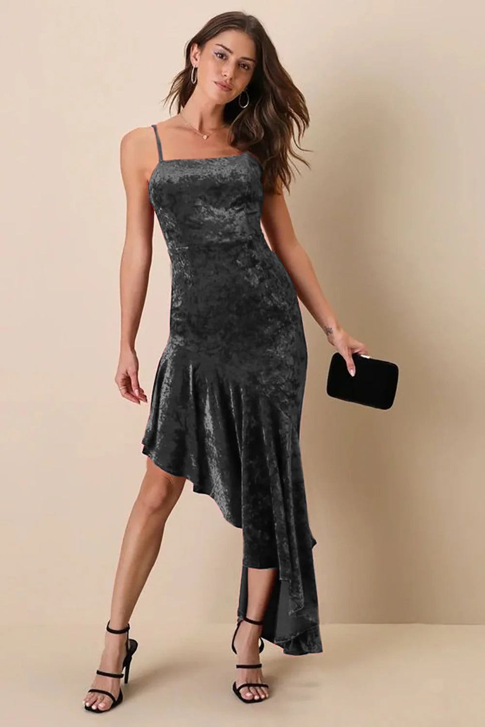 Velvet Strappy Asymmetric Ruffle Hem Midi Dress for Women