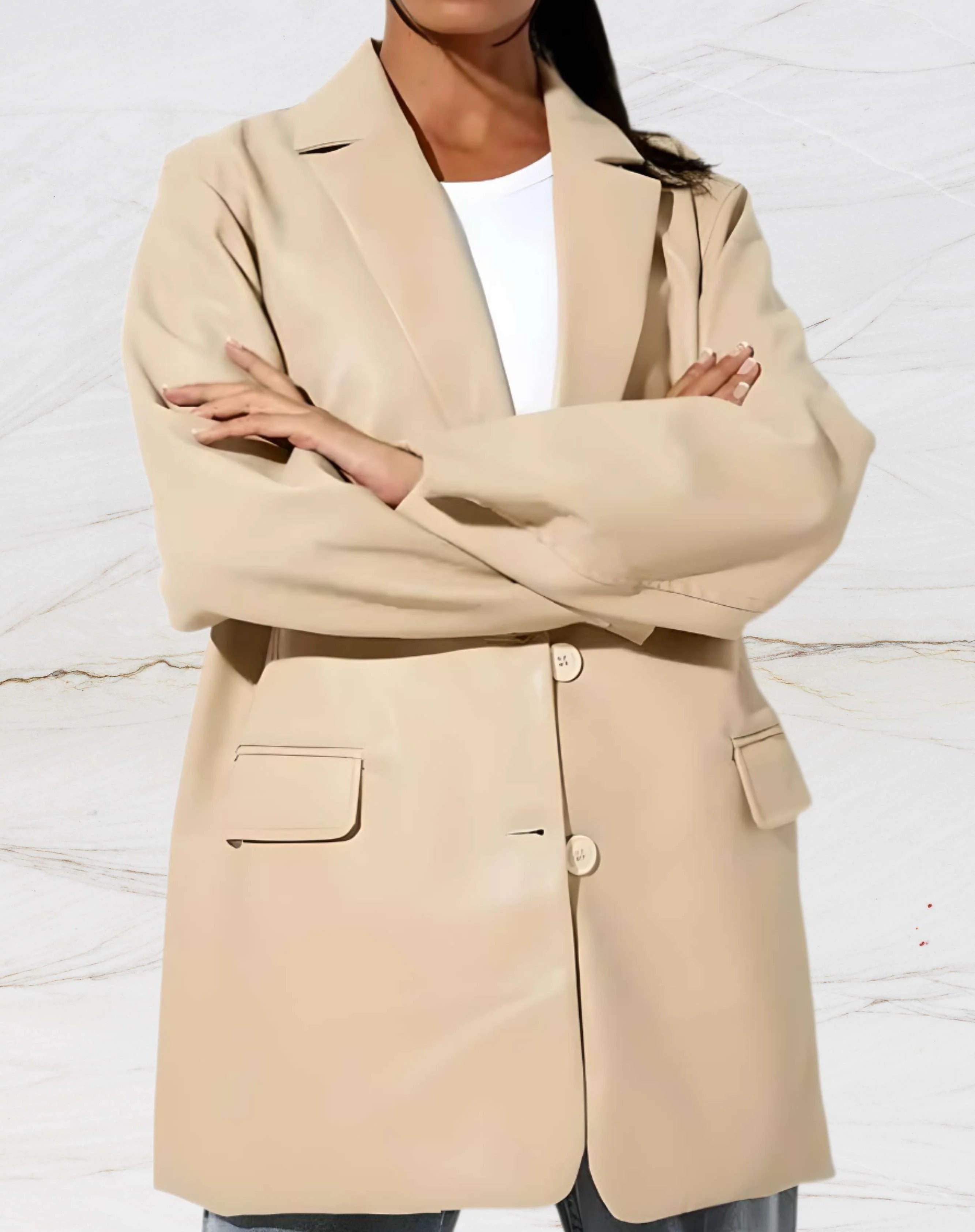 Faux Leather Longline Blazer with Pockets for Women