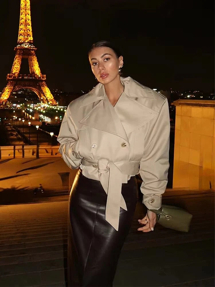Double Breasted Short Trench Coat with Belt for Women