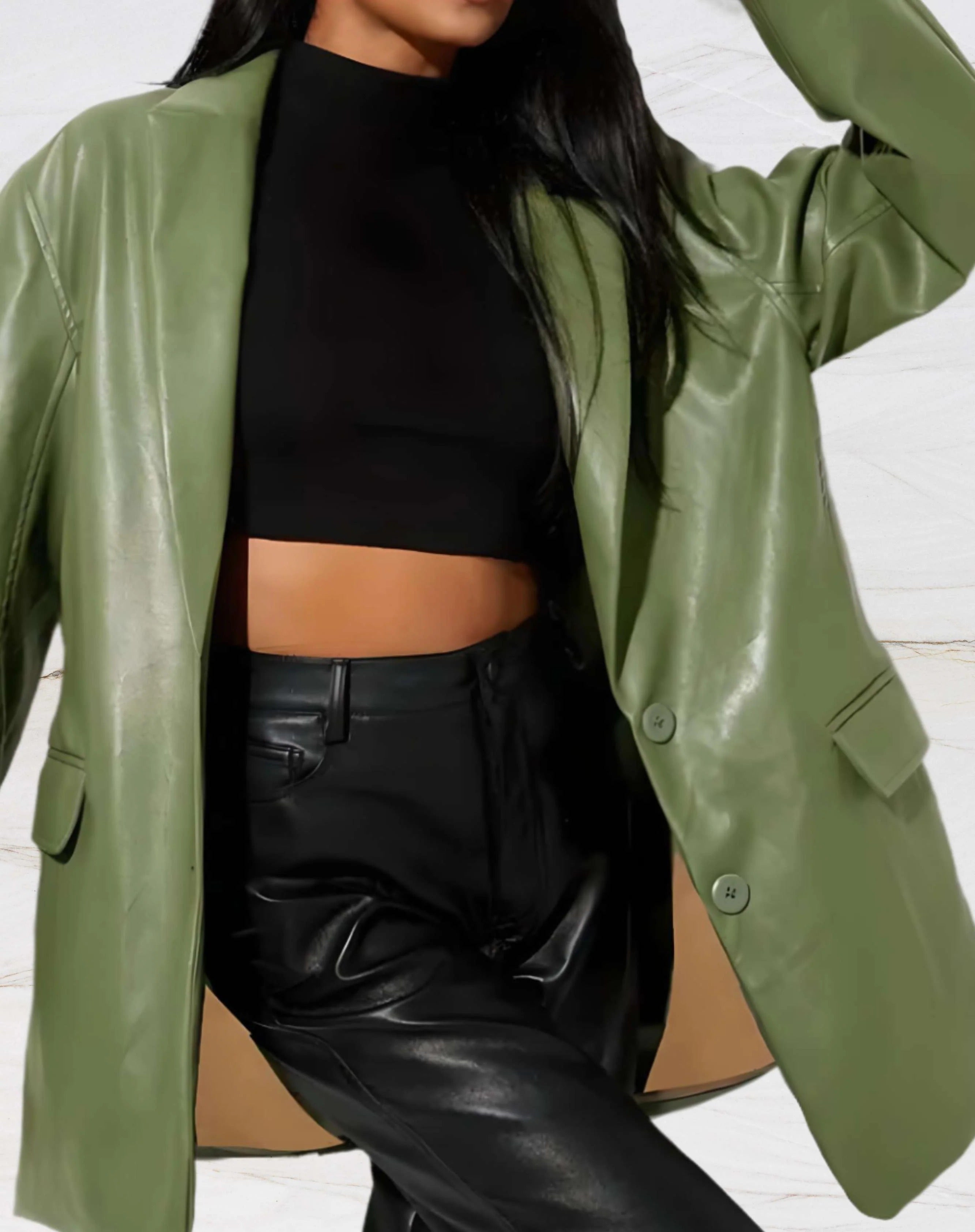 Faux Leather Longline Blazer with Pockets for Women