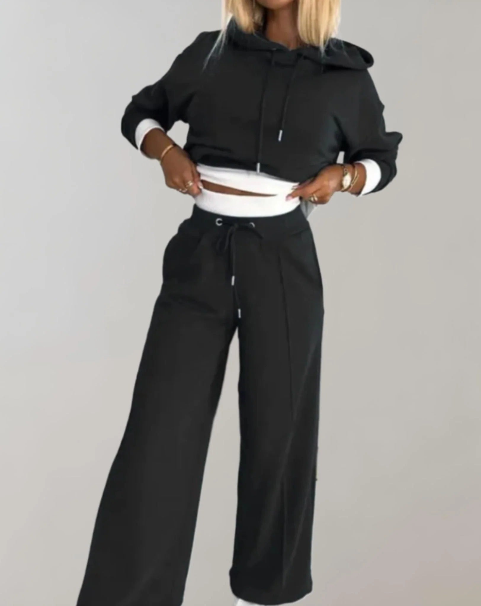 Two-piece Hooded Jumper and Wide Leg Pants Set for Women