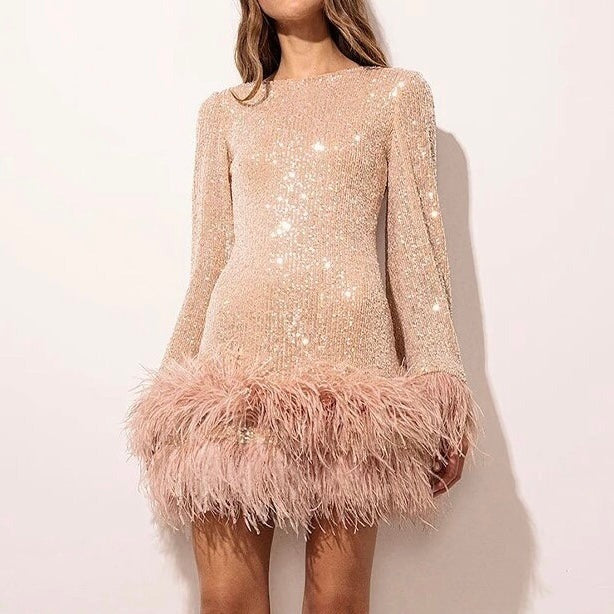 Sequin Long Sleeve Feather Trim Mini Dress for Women
