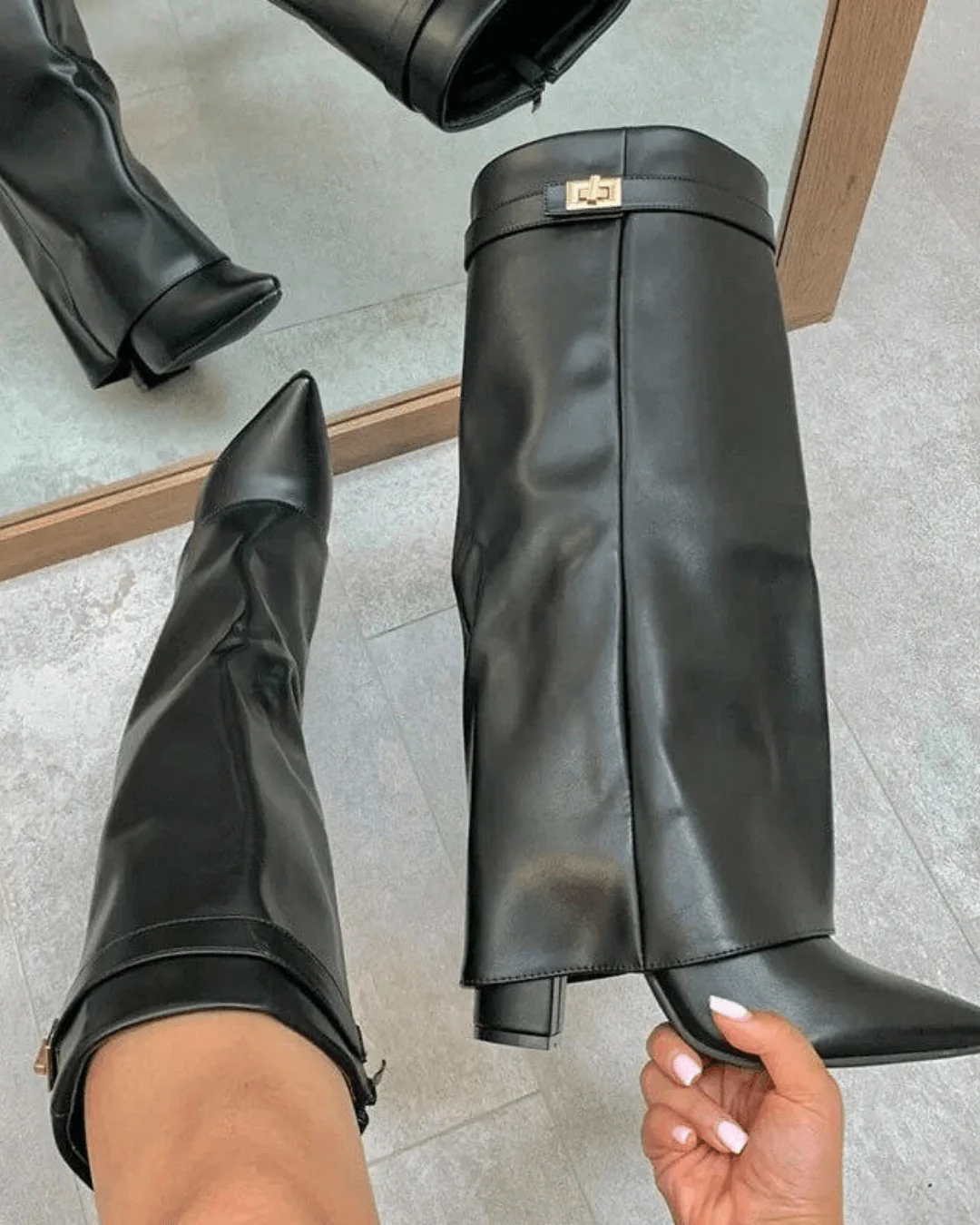 Faux Leather Pointed Toe High Knee Boots for Women