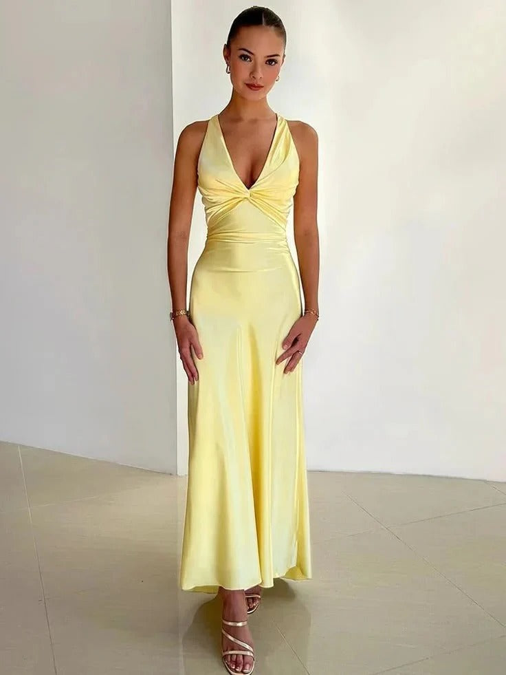 Satin V Neck Halter Maxi Dress for Women