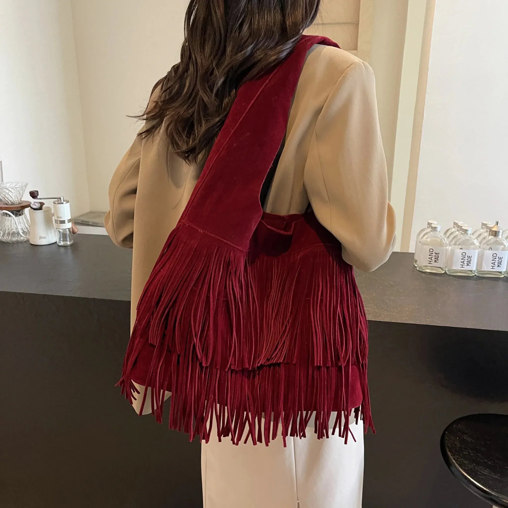 Faux Suede Fringe Shoulder Tote Bag for Women