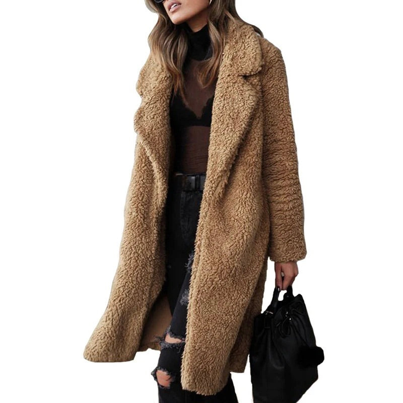 Long Open Front Collared Teddy Coat for Women