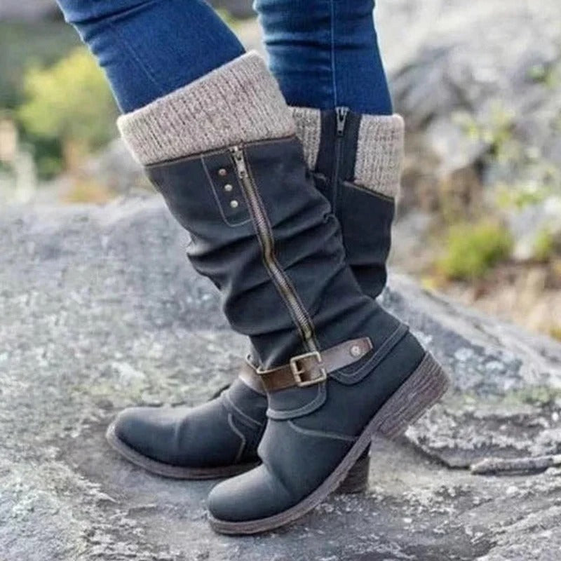 Knitted Cuff Buckle Mid-Calf Winter Boots for Women