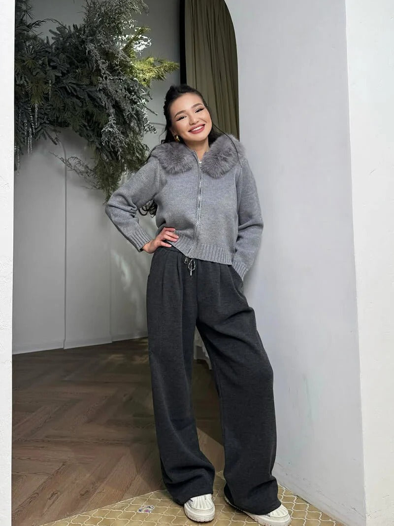 Knitted Zip Up Cardigan with Faux Fur Hood for Women