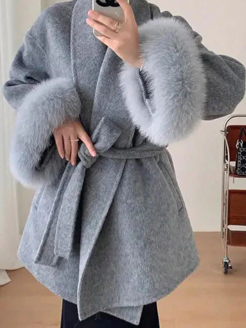 Belted Wrap Coat with Faux Fur Cuffs for Women