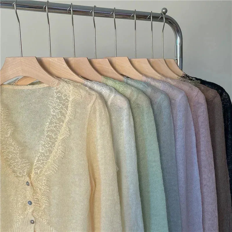 Lace Trim V-Neck Button-Up Cardigan for Women