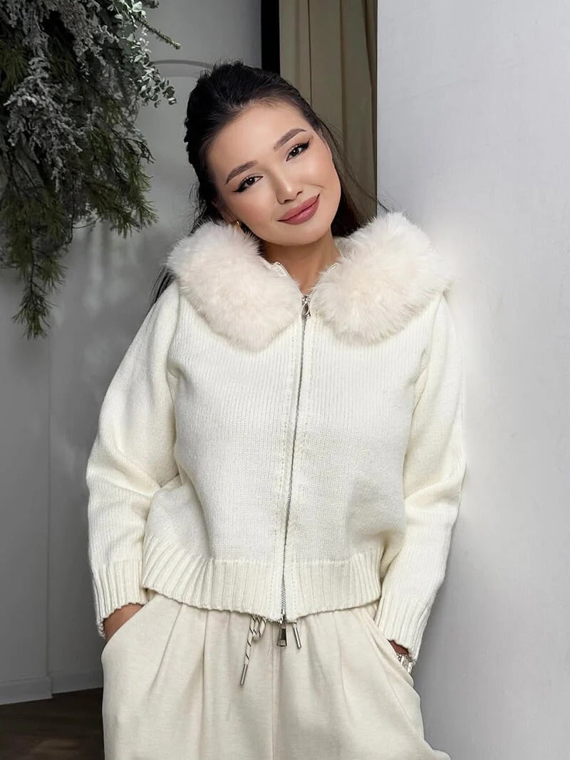 Knitted Zip Up Cardigan with Faux Fur Hood for Women