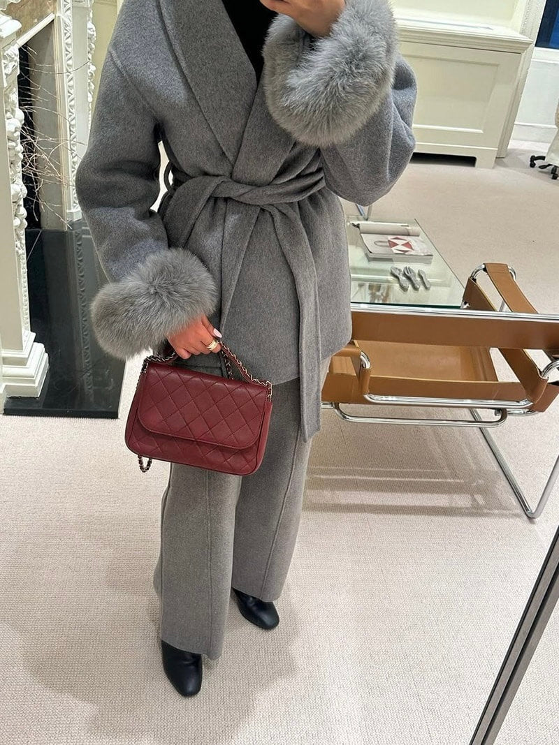 Belted Wrap Coat with Faux Fur Cuffs for Women