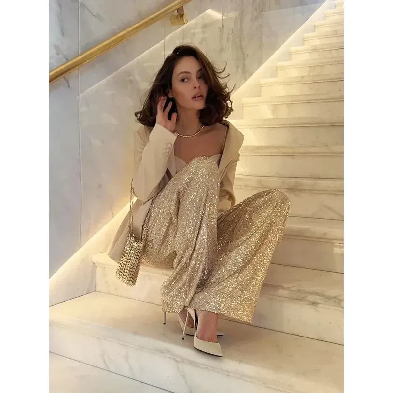 Sequin Wide Leg High Waisted Pants for Women