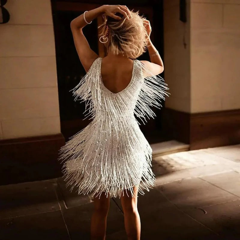 Fringe Sequin V-Neck Party Dress for Women