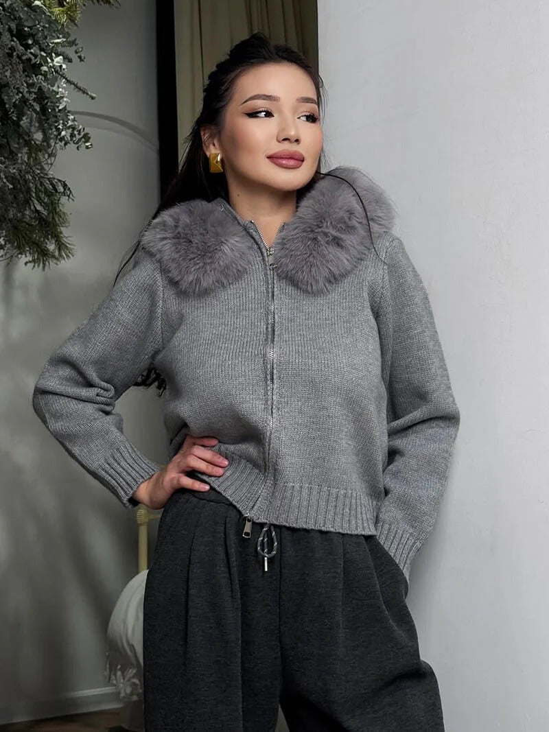 Knitted Zip Up Cardigan with Faux Fur Hood for Women