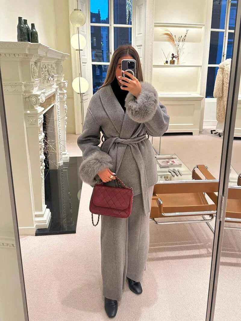 Belted Wrap Coat with Faux Fur Cuffs for Women