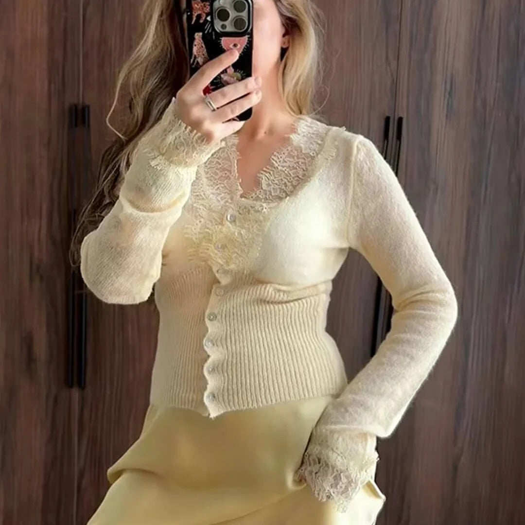Lace Trim V-Neck Button-Up Cardigan for Women