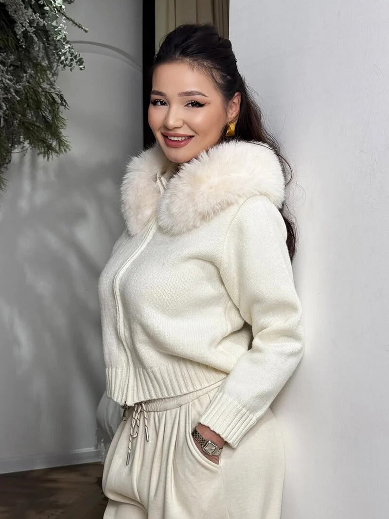 Knitted Zip Up Cardigan with Faux Fur Hood for Women