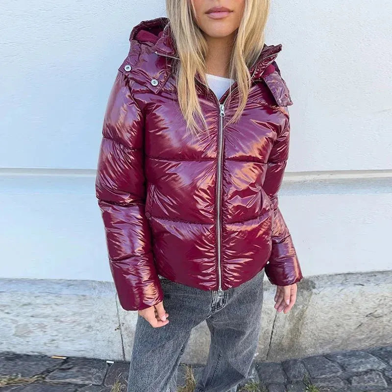 Glossy Hooded Puffer Jacket for Women