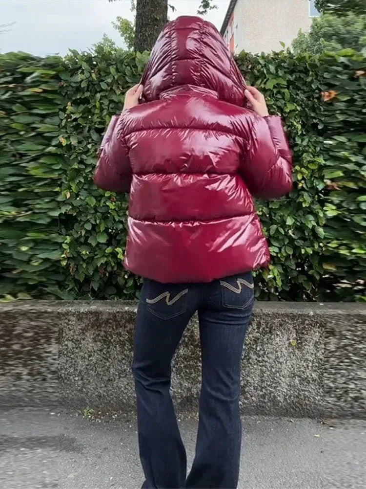 Glossy Hooded Puffer Jacket for Women