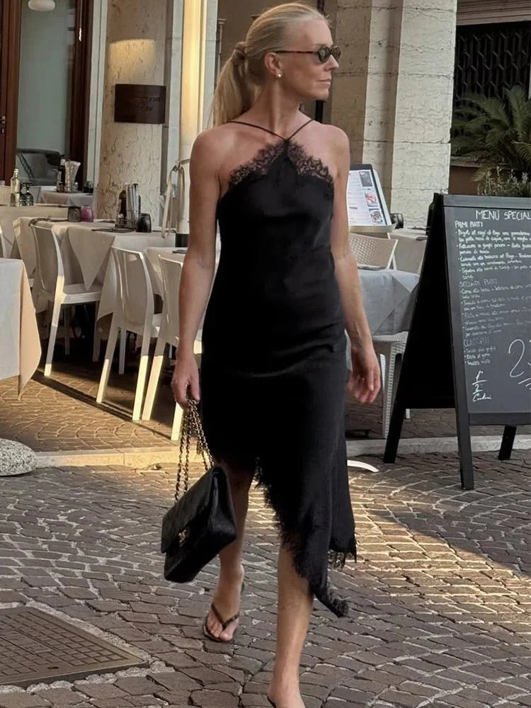 Lace Dress with Halter Neck and Trim Asymmetrical for Women