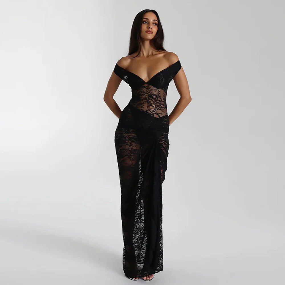 Lace Off-Shoulder Ruched Maxi Dress for Women