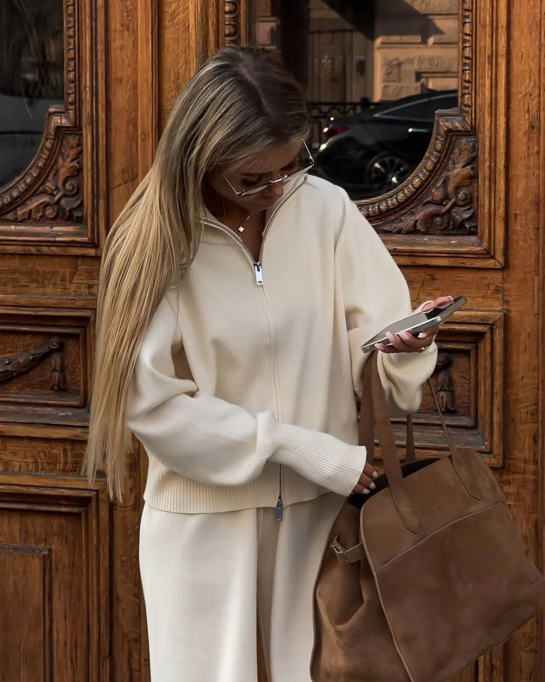 Knitted Zip Up Loungewear Set for Women