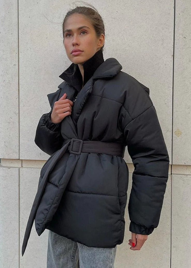 Padded Quilted Jacket with Belt for Women
