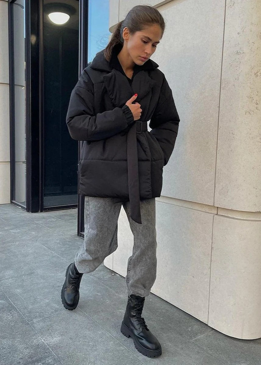 Padded Quilted Jacket with Belt for Women