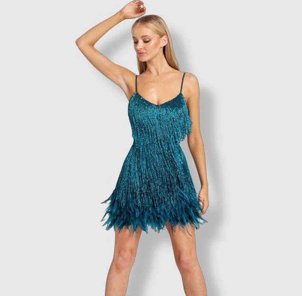 Sequin Feather Hem Slip Mini Dress for Women