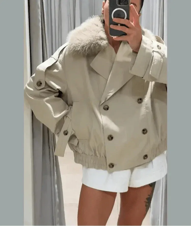 Double Breasted Jacket with Faux Fur Collar for Women