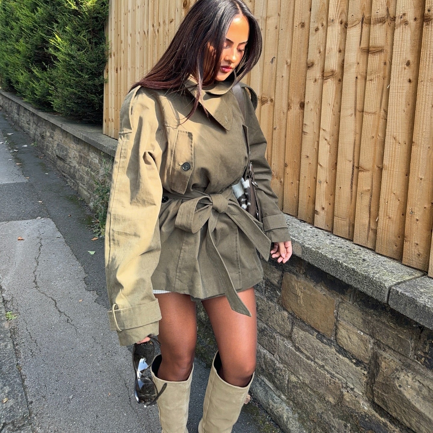 Oversized Tie Waist Short Trench Coat for Women